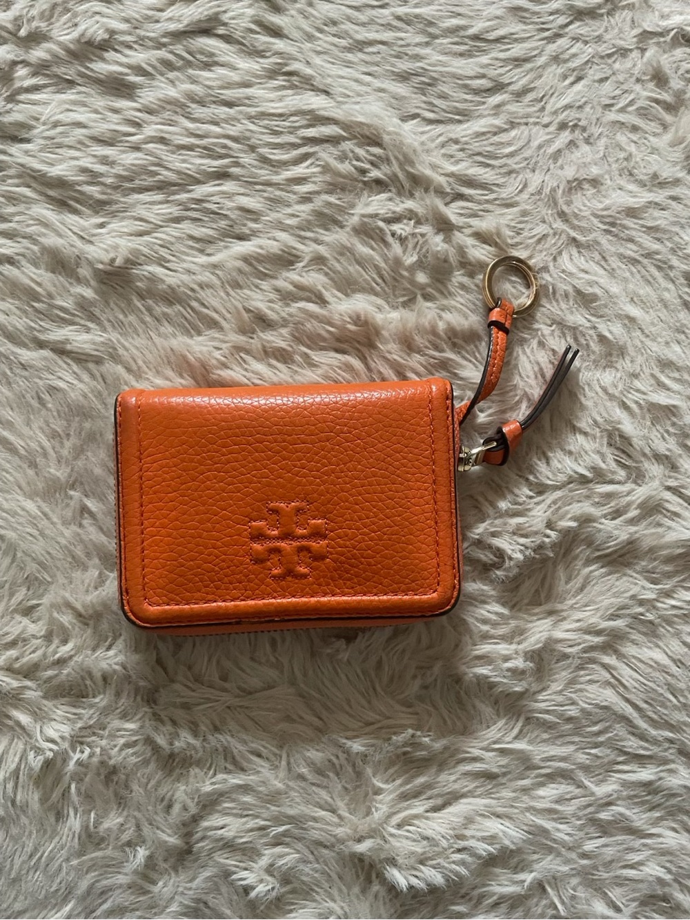 Tory Burch Orange Pebbled Leather Key & Card Holder with Logo